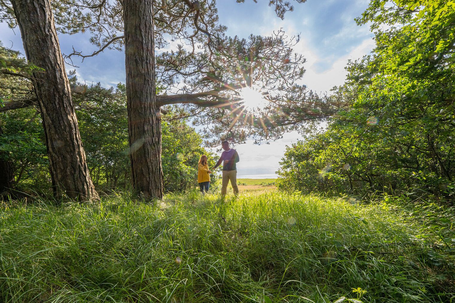 Ein Paar spaziert durch den Wernerwald in Cuxhaven