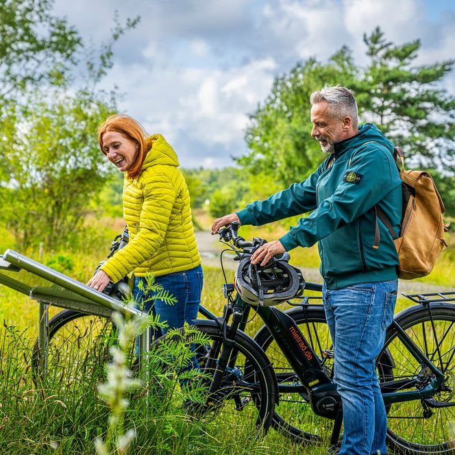 Ein Paar macht eine Radtour durch die Küstenheide