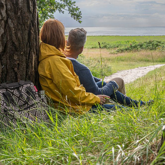 Pärchen sitzt im Wernerwald angelehnt an eine Kiefer