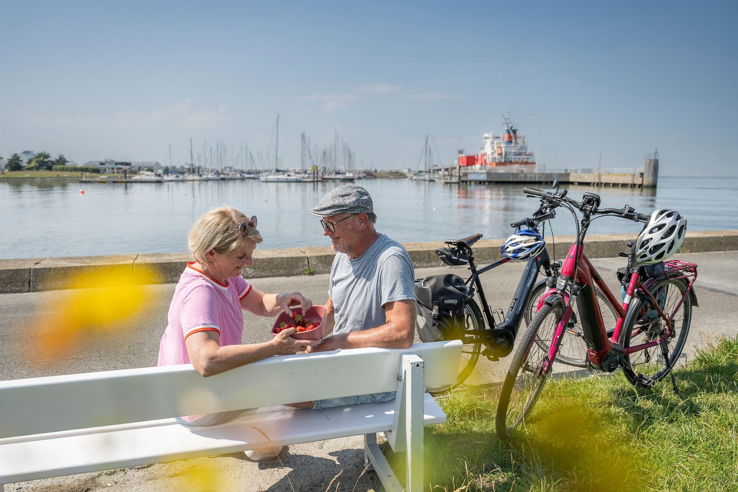 Radelpause mit Erdbeeren auf der Bank am Yachthafen Cuxhaven