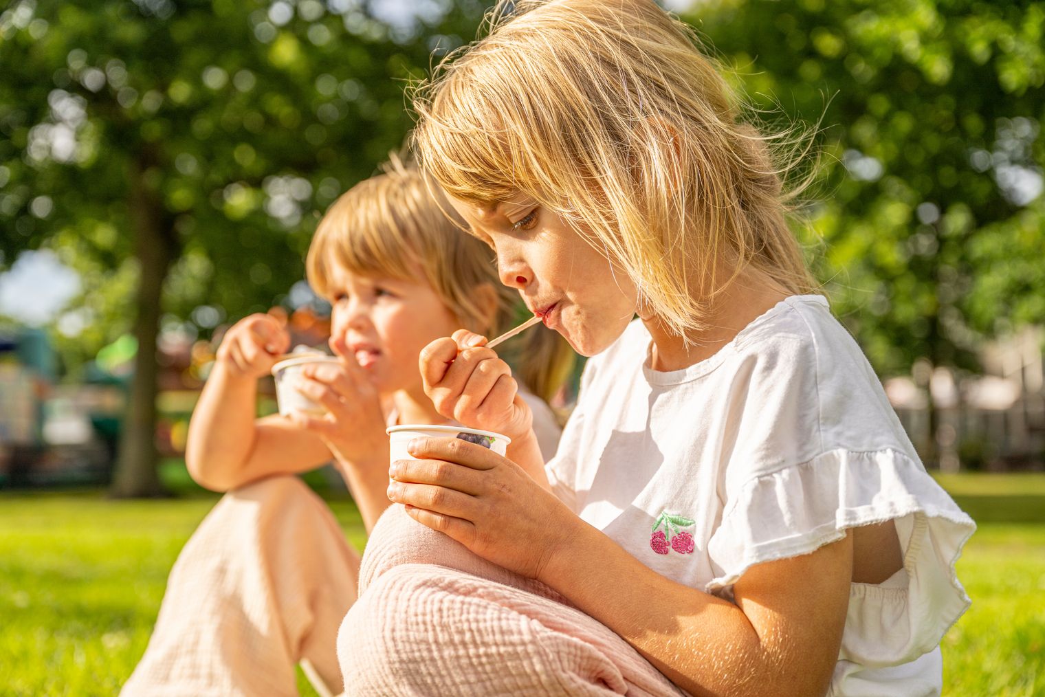 Zwei Kinder essen ein Eis auf der Wiese